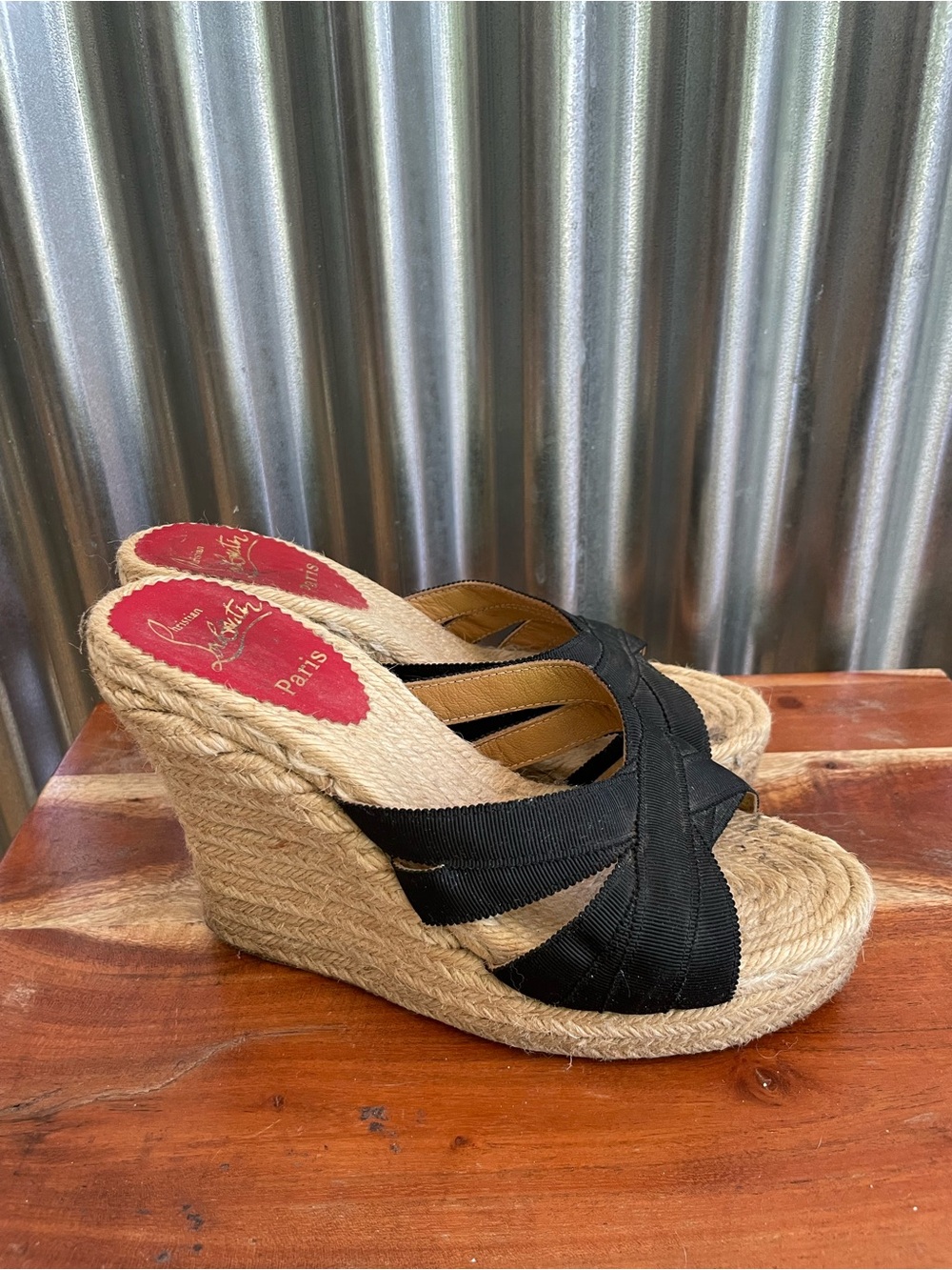 Christian Louboutin Black Espadrille Wedge Slides with Red Insoles - Picture 3 of 6